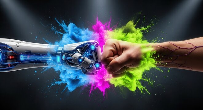 A human arm with visible veins and a robotic arm with glowing blue elements perform a fist bump amidst vibrant powder explosions against a dark background