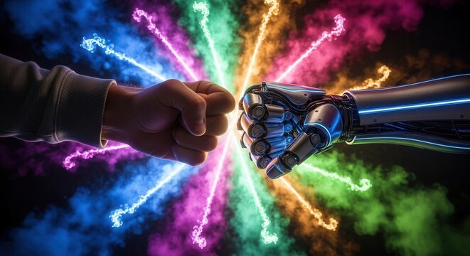 A human fist and a robotic fist face each other surrounded by colorful light rays and swirling smoke against a dark background - Powered by Adobe