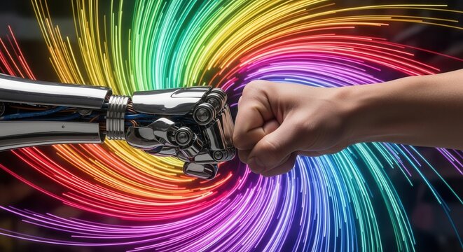 A human hand and a robotic hand exchange a fist bump against a background of spiraling rainbow light trails The robotic arm shows metallic components and internal wiring - Powered by Adobe
