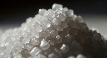 A macro shot of a pile of translucent white granular crystals sparkling under direct light Individual irregular shapes are visible set against a dark softly lit background