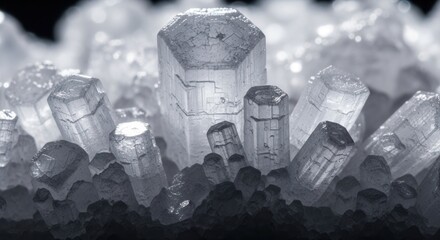 A macro shot displays numerous clear and textured hexagonal crystals with a soft glowing light rising from a darker granular base