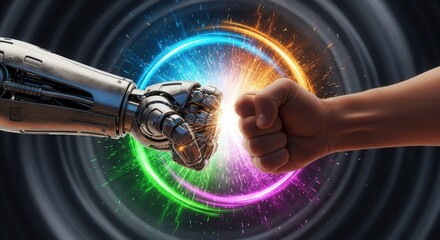 A metallic robotic fist and a human fist collide generating bright sparks and concentric rings of blue orange green and purple energy against a dark swirling background