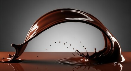 A rich brown liquid splashes dynamically forming an elegant arc above a reflective surface with droplets suspended mid-air against a smooth gradient background