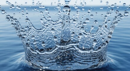 A striking water crown splash formed by an impact features a central rising column and many suspended droplets over a calm blue liquid