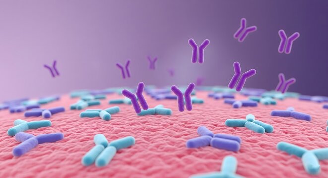Abstract 3D render of Y-shaped antibodies floating and binding to the receptors on a pink cell membrane surface, illustrating immunology, molecular biology, and immune response
