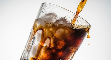 A tilted glass filled with ice cubes has a dark amber beverage poured into it creating bubbles and condensation Liquid drips down the side