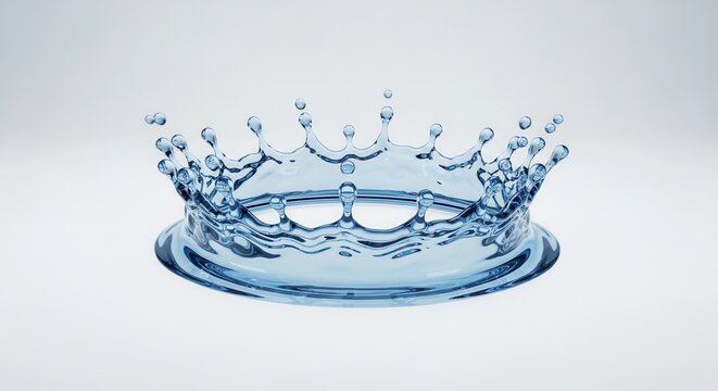 A translucent blue water splash forms a crown shape with droplets and ripples against a light plain background