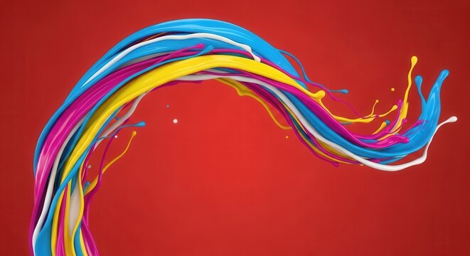 A vibrant arc of blue magenta yellow and white liquid paint streams with splashes on a red backdrop