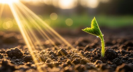 A vibrant green seedling with water droplets emerges from dark soil bathed in warm sunbeams shining through a soft blurred background