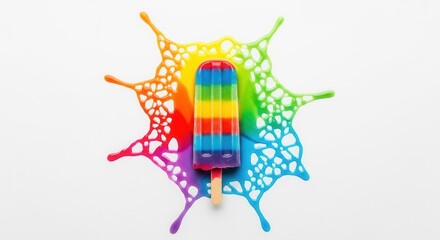 A vibrant rainbow-striped frozen confection melting on a white background creating a detailed liquid splash
