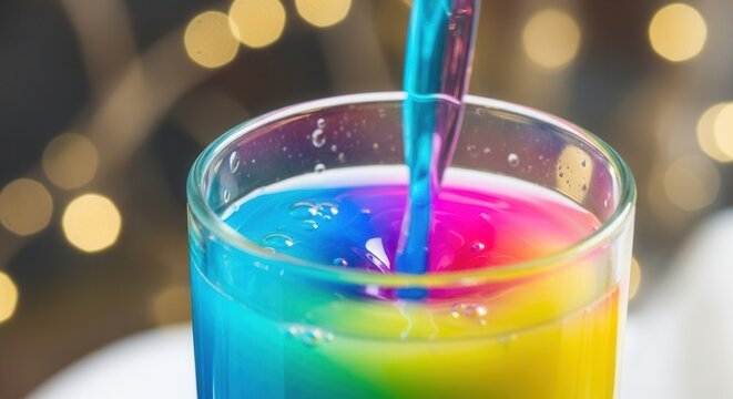 A vibrant layered rainbow drink in a glass with a blue liquid being poured into it set against a blurred background with bokeh lights