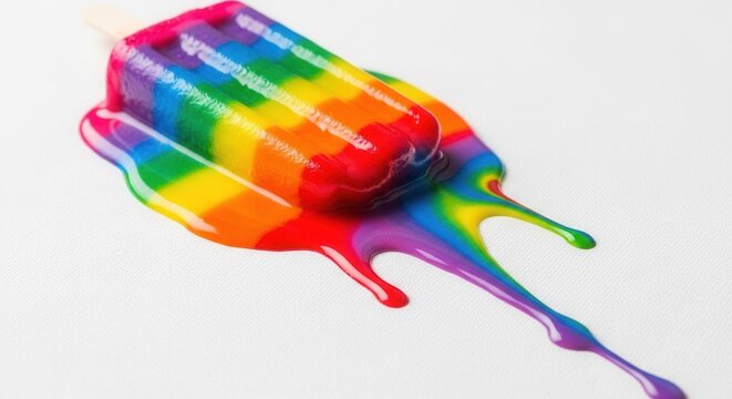 A vibrant rainbow-colored popsicle melts on a white textured surface creating colorful puddles and drips