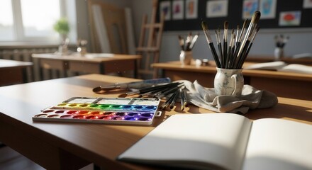 A watercolor paint set assorted brushes in a patterned jug and an open blank sketchbook resting on a wooden table illuminated by sunlight