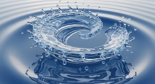 A water splash forms a graceful spiral surrounded by droplets and concentric ripples all reflected on a serene blue liquid surface