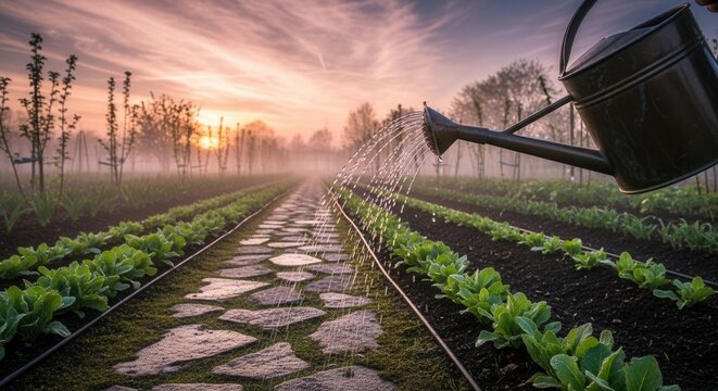 A watering can sprinkles water onto rows of green plants in a garden with a stone path under a misty colorful sky at dawn - Powered by Adobe