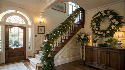 A festive foyer adorned with christmas decorations and a wooden staircase with garland and lights in unique and beautifull style