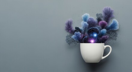 A white ceramic mug with an ethereal blue and purple cosmic burst of abstract forms and glowing stars on a muted grey background