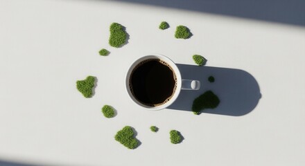 A white cup of dark coffee sits centrally on a white surface surrounded by small green plant clusters arranged in a circular pattern Shadows are cast by objects and external elements