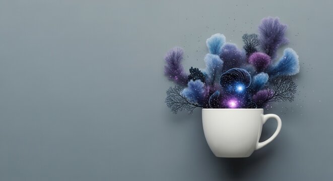 A white ceramic mug with an ethereal blue and purple cosmic burst of abstract forms and glowing stars on a muted grey background