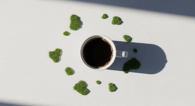 A white cup of dark coffee sits centrally on a white surface surrounded by small green plant clusters arranged in a circular pattern Shadows are cast by objects and external elements