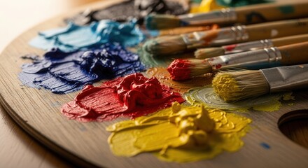 A wooden art palette displays vibrant blobs of blue red yellow and green paint accompanied by several used paintbrushes suggesting creative work