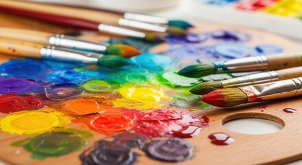 A wooden artists palette holds numerous vibrant paint blobs and several paint-covered brushes arranged in a colorful display