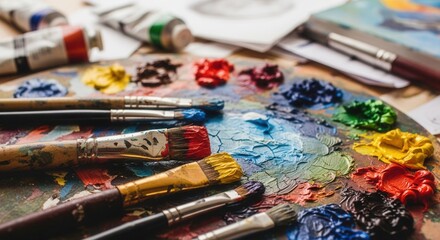 A wooden artists palette holds vibrant paints and multiple brushes Paint tubes and paper are visible in the soft background