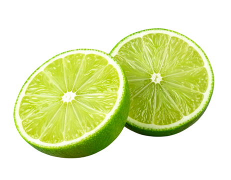 Two halves of a bright green lime on a black background