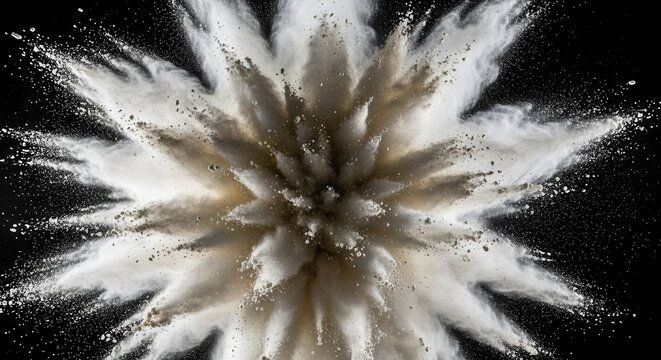 An explosive burst of white and brown powder against a dark background radiating outwards with scattered particles - Powered by Adobe