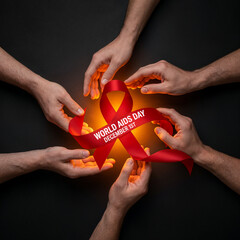 Hands supporting World AIDS Day ribbon on black surface
