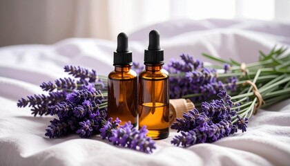 Lavender Essential Oil Bottles with Fresh Lavender on Soft Fabric