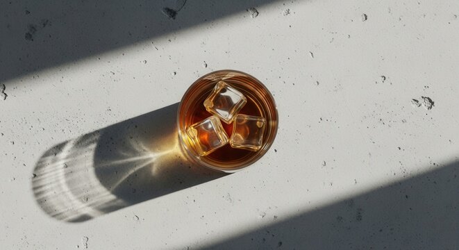 An overhead shot of a glass filled with an amber liquid and three ice cubes on a textured light surface marked by strong diagonal shadows and light refractions