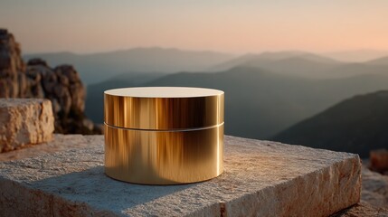 Fototapeta premium Gold cosmetic jar on natural stone platform, serene mountain landscape, warm sunset light