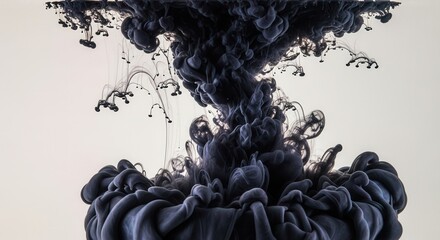 Black liquid diffuses in a clear medium forming swirling cloud-like patterns and delicate tendrils against a light background