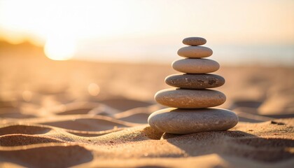 Fototapeta premium Serene Stacked Stones on Sandy Beach with Blurred Sunset Background