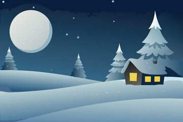 Naklejka premium Winter landscape with a cozy cabin illuminated under a bright full moon