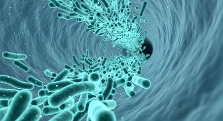 Detailed 3D render of numerous microscopic rod-shaped bacteria flowing through a blue, textured biological vessel or tube
