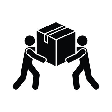 Two people lifting and carrying a large cardboard box together for moving or delivery