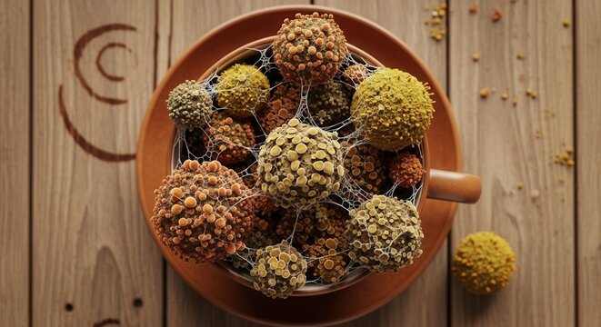 Close-up of textured spherical clusters interconnected by a delicate web filling a ceramic mug on a wooden surface with scattered particles