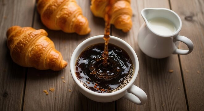Coffee pouring into a white mug on a wooden table surrounded by three golden croissants and a small white milk pitcher