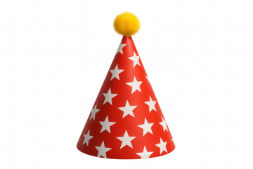 Red party hat with white stars and yellow pom-pom, celebrating birthday events and festive occasions