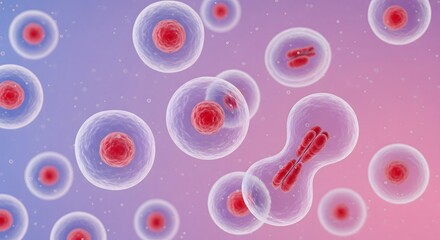 Detailed three-dimensional render of cells undergoing the mitosis process, with visible nuclei and chromosomes, set against a pink and blue biotechnology background