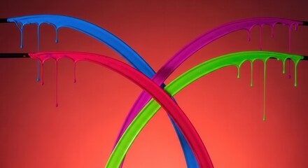 Curved streams of blue magenta green and purple fluid with multiple drips crisscross over a radiant orange-red background