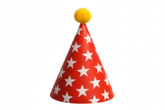 Red party hat with white stars and yellow pom-pom, celebrating birthday events and festive occasions