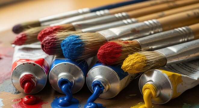 Colorful paint tubes with squeezed out paint and paintbrushes with colored bristles resting on a textured surface