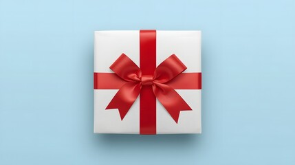 Fototapeta premium White gift box wrapped with a vibrant red satin ribbon and bow placed on a soft blue background, creating a clean festive presentation ideal for celebration, holiday design, and elegant product visual