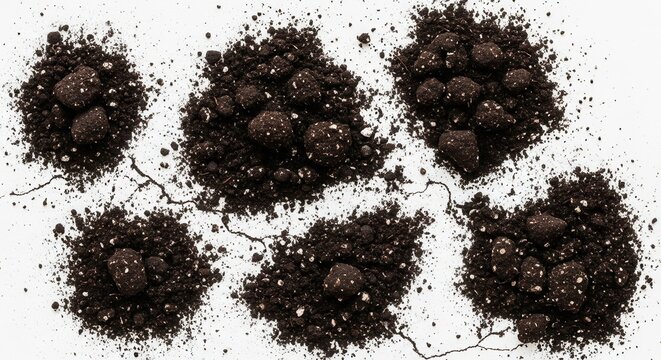 Dark clumpy soil piles with white flecks are scattered across a stark white surface exhibiting thin winding cracks between them