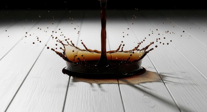 Dark liquid pours onto a light wooden plank surface forming a wide crown splash with scattered droplets - Powered by Adobe