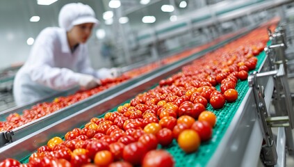 Fresh tomatoes move along a conveyor belt in a modern food processing plant showcasing agricultural production