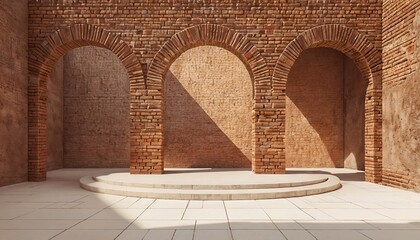 Minimalist Architectural Courtyard Featuring Three Brick Archways